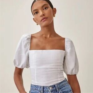 Reformation White Linen Puff Sleeve Top